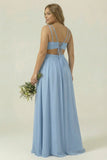 Dusty Blue Chiffon V Neck A Line Long Plus Size Bridesmaid Dress with Lace Up Back