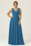Dusty Blue Chiffon V Neck A Line Long Plus Size Bridesmaid Dress with Lace Up Back