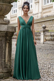 Dark Green A Line Chiffon Long Bridesmaid Dress with Lace Up Back