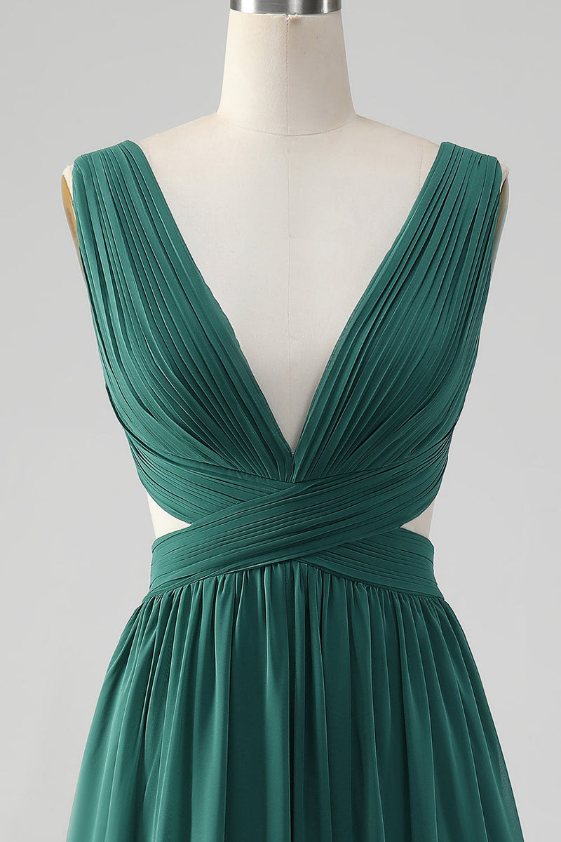 Load image into Gallery viewer, Dark Green A Line Chiffon Long Bridesmaid Dress with Lace Up Back