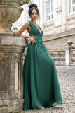 Dark Green A Line V Neck Chiffon Long Bridesmaid Dress with Lace Up Back