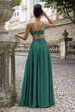 Dark Green A Line V Neck Chiffon Long Bridesmaid Dress with Lace Up Back