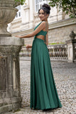 Dark Green A Line V Neck Chiffon Long Bridesmaid Dress with Lace Up Back