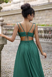 Dark Green A Line V Neck Chiffon Long Bridesmaid Dress with Lace Up Back