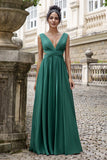 Dusty Sage A Line V Neck Chiffon Long Bridesmaid Dress with Lace Up Back