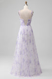 Lavender Flower Spaghetti Straps A Line Long Bridesmaid Dress with Slit