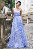 Blue Print A Line Spaghetti Straps Pleated Long Bridesmaid Dress with Lace Up Back