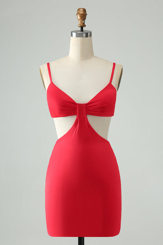 Red Tight Spaghetti Straps Hollow Out Short Cocktail Dress
