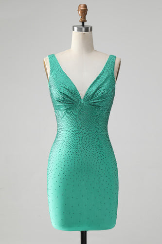 Green Bodycon V Neck Backless Cocktail Dress with Beading