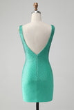 Green Bodycon V Neck Backless Cocktail Dress with Beading