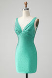 Green Bodycon V Neck Backless Cocktail Dress with Beading