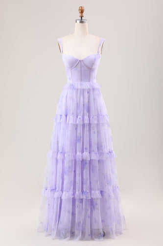 Lavender A Line Corset Spaghetti Straps Floral Tiered Long Bridesmaid Dress