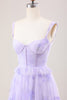 Load image into Gallery viewer, Lavender A Line Corset Spaghetti Straps Floral Tiered Long Bridesmaid Dress