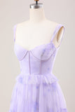 Lavender A Line Corset Spaghetti Straps Floral Tiered Long Bridesmaid Dress