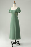 A Line Eucalyptus Square Neck Chiffon Bridesmaid Dress with Slit