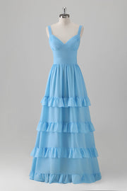 Blue A-Line V Neck Tiered Chiffon Long Bridesmaid Dress