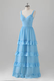 Blue A-Line V Neck Tiered Chiffon Long Bridesmaid Dress