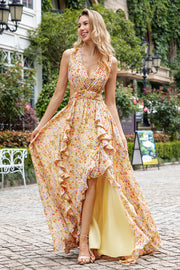 Yellow Small Flower A Line V Neck Pleated Ruffles Wedding Guest Dress