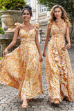 Yellow Small Flower A Line V Neck Pleated Ruffles Wedding Guest Dress