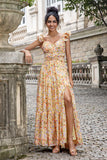 Yellow Flower A Line V Neck Print Pleated Wedding Guest Dress with Slit