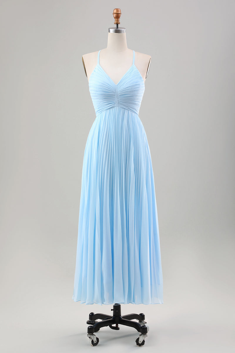 Load image into Gallery viewer, Sky Blue A Line Pleated Chiffon Wedding Guest Dress