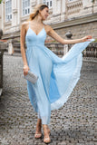 Sky Blue A-Line Spaghetti Straps Chiffon Bridesmaid Dress with Lace Up Back