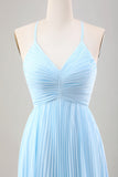 Sky Blue A Line Pleated Chiffon Wedding Guest Dress