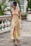 Yellow Flower A Line Print Holloe Out Corset Wedding Guest Dress with Slit