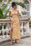 Yellow Flower A Line Corset Wedding Guest Dress