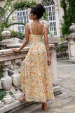 Yellow Flower A Line Print Holloe Out Corset Wedding Guest Dress with Slit