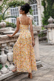 Yellow Flower A Line Corset Wedding Guest Dress