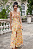 Yellow Flower A Line Corset Wedding Guest Dress