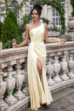 Champagne Sheath One Shoulder Long Bridesmaid Dress With Slit