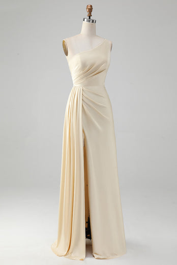 Champagne One Shoulder Sheath Long Bridesmaid Dress With Slit