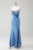 Blue Mermaid Spaghetti Straps Bridesmaid Dress with Bowknot