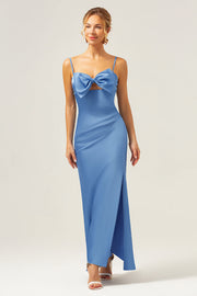 Blue Mermaid Spaghetti Straps Long Bridesmaid Dress with Bowknot