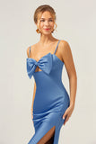 Blue Mermaid Spaghetti Straps Long Bridesmaid Dress with Bowknot