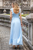 Sky Blue A-Line Chiffon Pleated Floor Length Bridesmaid Dress with Slit