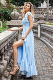 Sky Blue A-Line Chiffon Pleated Floor Length Bridesmaid Dress with Slit