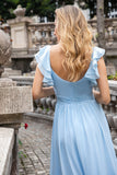 Sky Blue A-Line Chiffon Pleated Floor Length Bridesmaid Dress with Slit