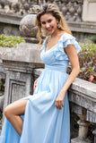 Sky Blue A-Line Chiffon Pleated Floor Length Bridesmaid Dress with Slit