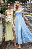 Sky Blue A-Line Chiffon Pleated Floor Length Bridesmaid Dress with Slit