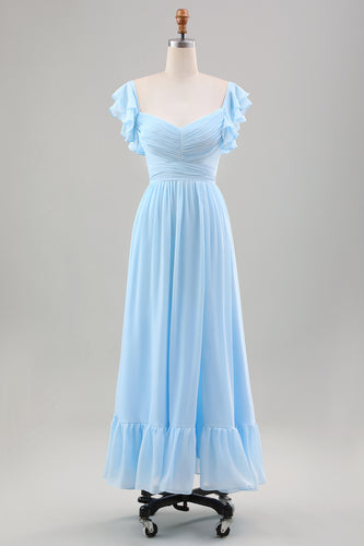 Sky Blue A Line Chiffon Wedding Guest Dress with Ruffle Sleeves