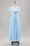 Sky Blue A Line Chiffon Wedding Guest Dress with Ruffle Sleeves