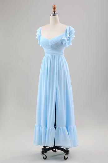 Sky Blue A Line Chiffon Wedding Guest Dress with Ruffle Sleeves