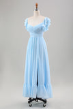 Sky Blue A Line Chiffon Wedding Guest Dress with Ruffle Sleeves