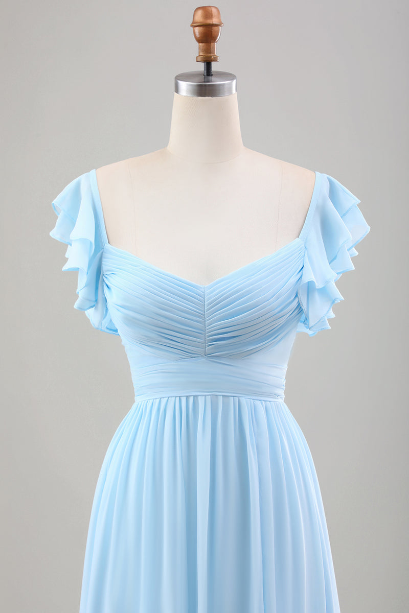 Load image into Gallery viewer, Sky Blue A Line Chiffon Wedding Guest Dress with Ruffle Sleeves