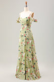 Green A Line Spaghetti Straps Floral Wedding Guest Dress with Slit