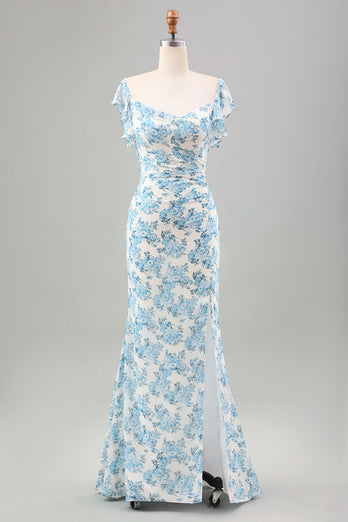 White Blue Flower Mermaid Long Wedding Guest Dress with Slit