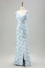 Load image into Gallery viewer, White Blue Flower Mermaid Long Wedding Guest Dress with Slit
